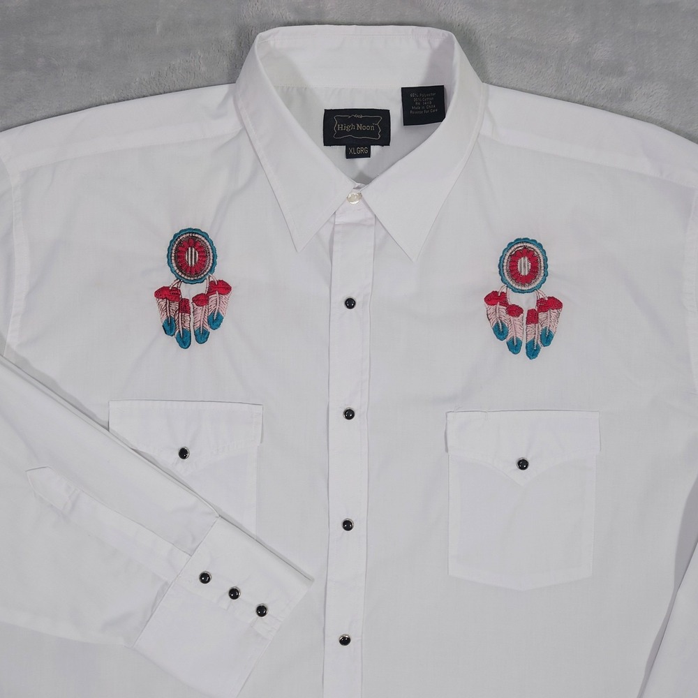 HIGH NOON Western Shirt Mens XL White Snap Embroidered Aztec Feathers Vintage